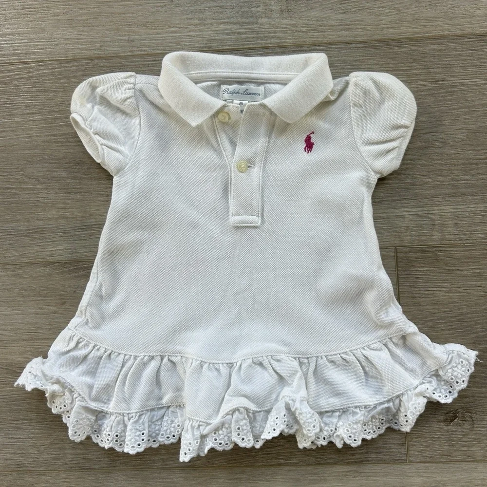 Ralph Lauren Baby Girls 3M Polo Dress White Short Sleeve Blue Pony‎ Drop Waist
